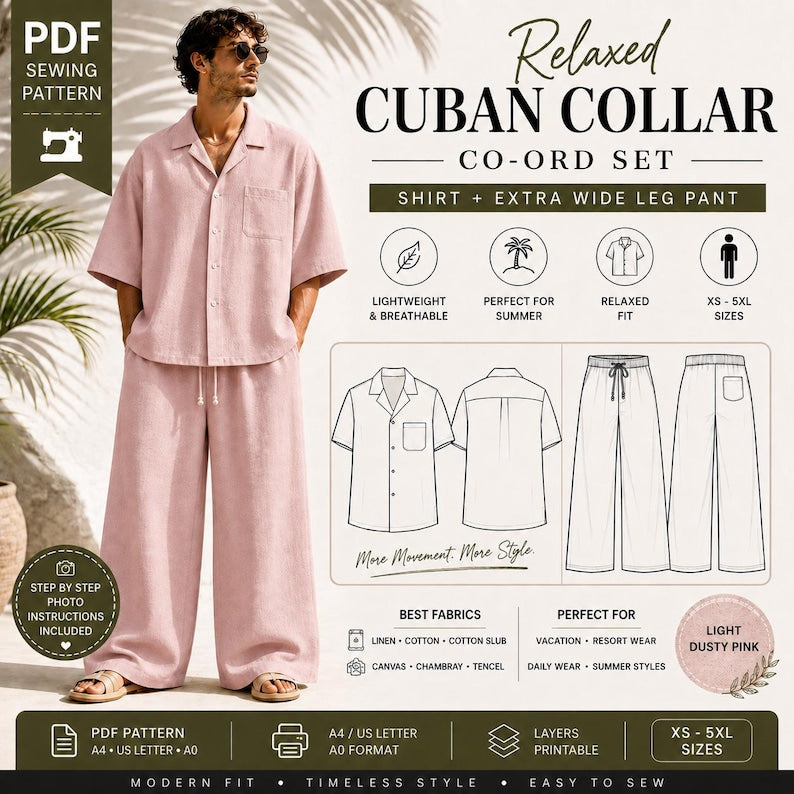 Men's Cuban Collar Co-ord Sewing Pattern | Oversized Shirt, Wide Leg Pants (PDF Download)