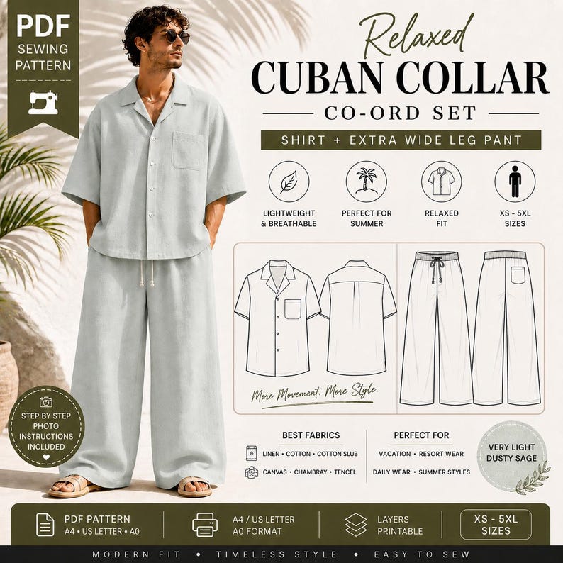Men's Cuban Collar Co-ord Sewing Pattern | Oversized Shirt, Wide Leg Pants (PDF Download)