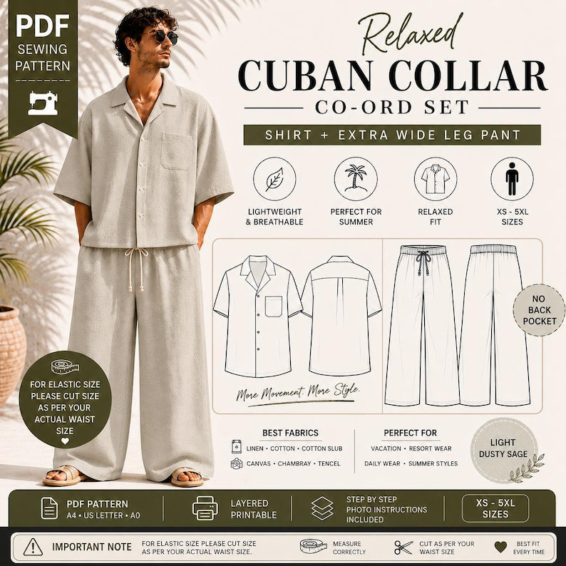 Men's Cuban Collar Co-ord Sewing Pattern | Oversized Shirt, Wide Leg Pants (PDF Download)