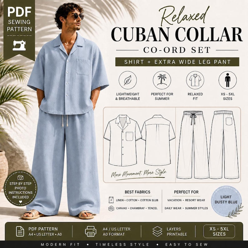 Men's Cuban Collar Co-ord Sewing Pattern | Oversized Shirt, Wide Leg Pants (PDF Download)