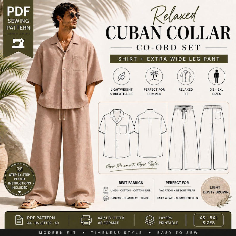 Men's Cuban Collar Co-ord Sewing Pattern | Oversized Shirt, Wide Leg Pants (PDF Download)