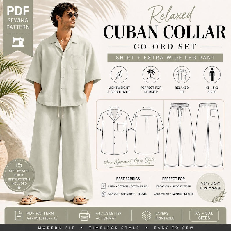 Men's Cuban Collar Co-ord Sewing Pattern | Oversized Shirt, Wide Leg Pants (PDF Download)