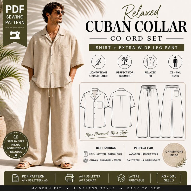 Men's Cuban Collar Co-ord Sewing Pattern | Oversized Shirt, Wide Leg Pants (PDF Download)