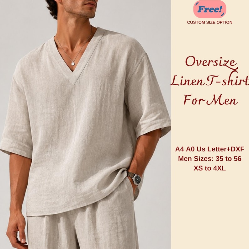 Men's Oversize Linen T-Shirt Sewing Pattern, Beach Shirt For Men, Linen Top, XS-4XL, 35-56